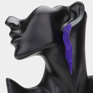 Royal Blue Rhinestone Paved Fringe Drop Evening Statement Earrings